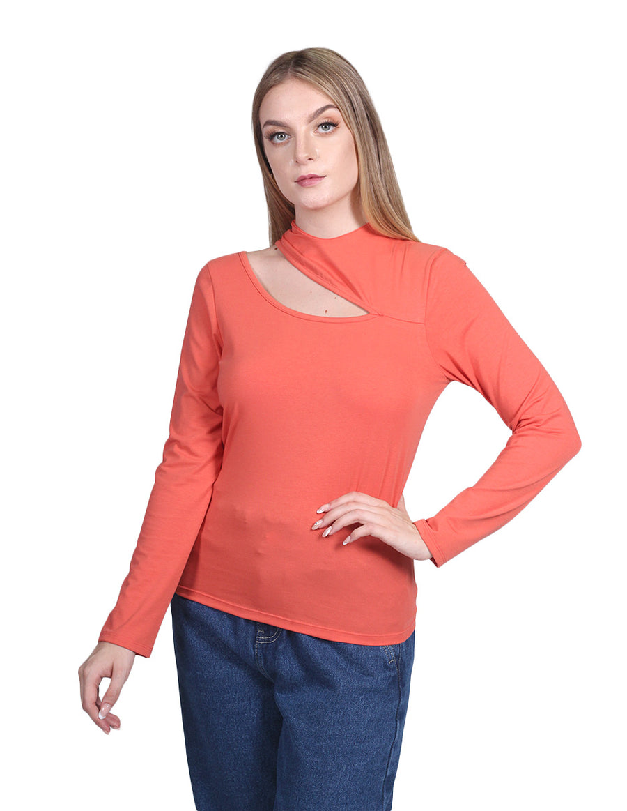 Blusas Para Mujer Bobois Moda Casuales Manga Larga Cuello Redondo Corte Diagonal Naranja N23115