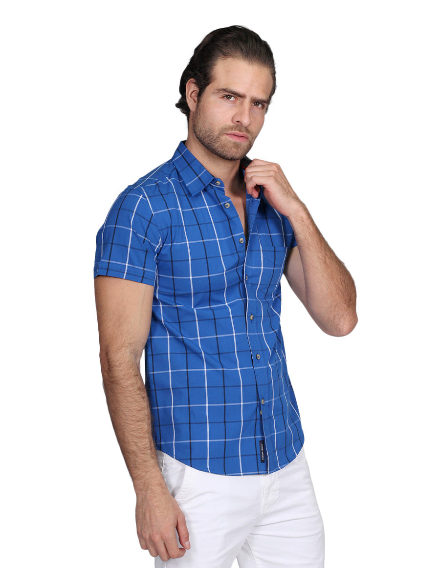 Camisas Para Hombre Bobois Moda Casuales Manga Corta Cuadros Slim Fit Azul B21153