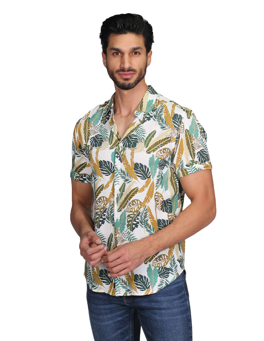 Camisas Para Hombre Bobois Moda Casuales Manga Corta Estampada Hawaiana Playa Relaxed Fit Verde B22353