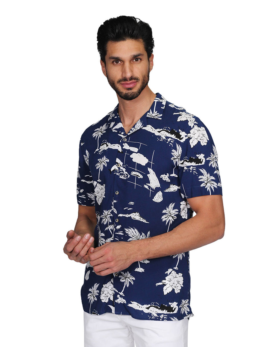 Camisas Para Hombre Bobois Moda Casuales Manga Corta Estampada Hawaiana Playa Relaxed Fit Marino B21388