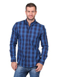 Camisas Para Hombre Moda Manga Larga Cuadros B25226 Azul