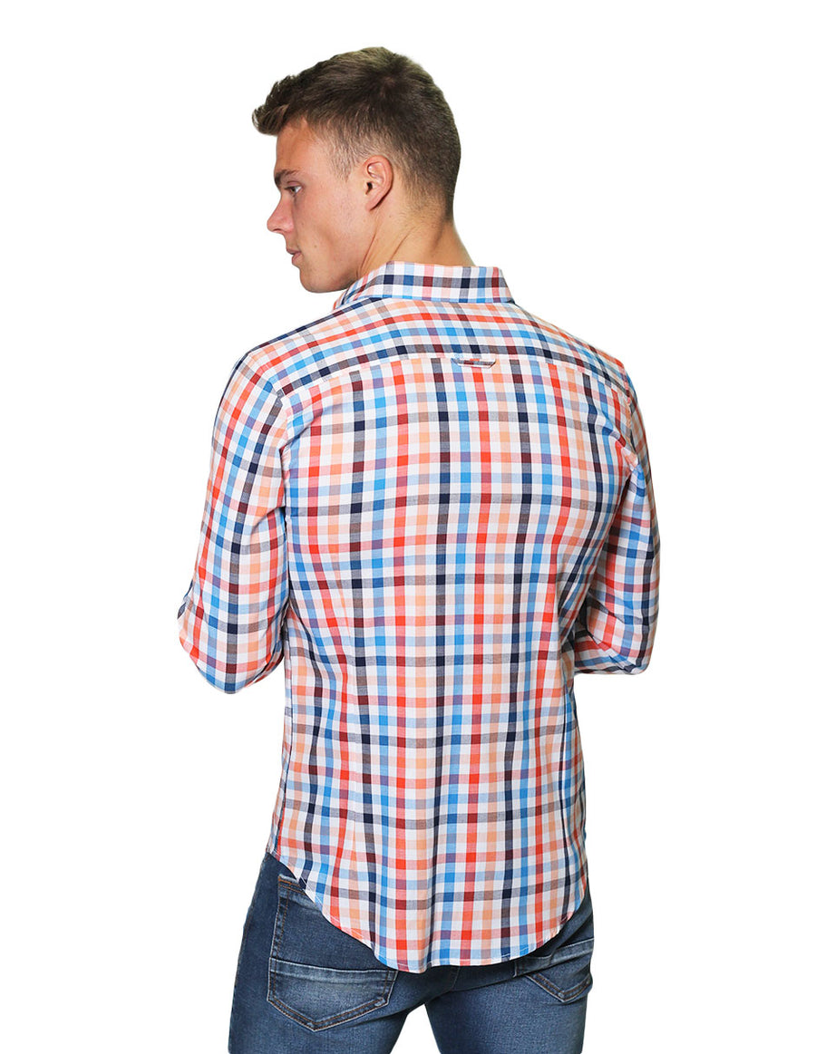 Camisas Para Hombre Bobois Casuales Moda Manga Larga Cuadros Slim Fit B31108 Naranja