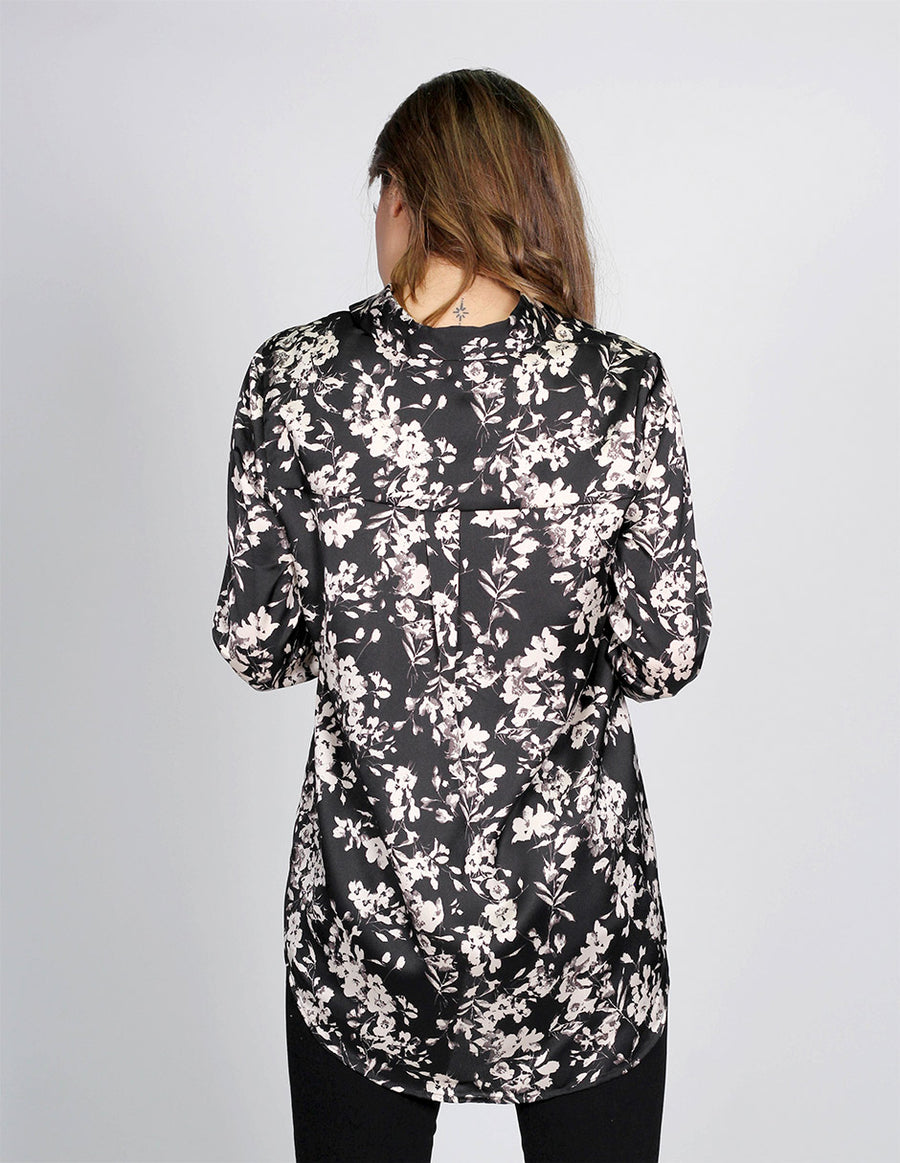 Blusas Mujer Bobois Casuales Moda Camisera Satinada Estampada Flores Negro N13115