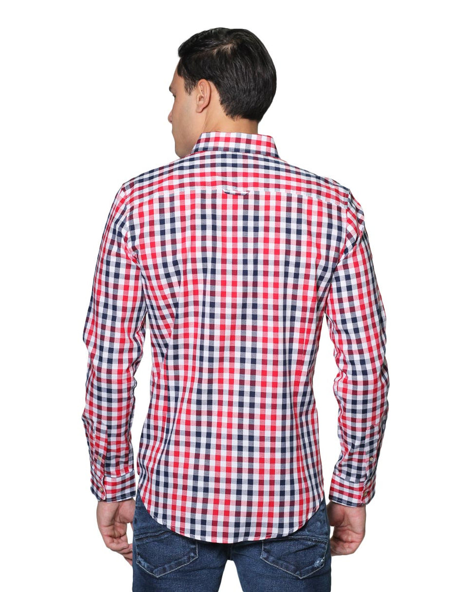Camisas Para Hombre Bobois Casuales Moda Manga Larga Cuadros Slim Fit B31102 Rojo