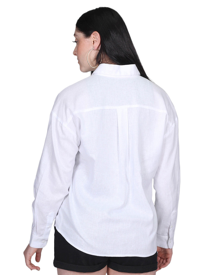 Blusas Para Mujer Bobois Moda Casuales Manga Larga Camisera De Lino Blanco N21118