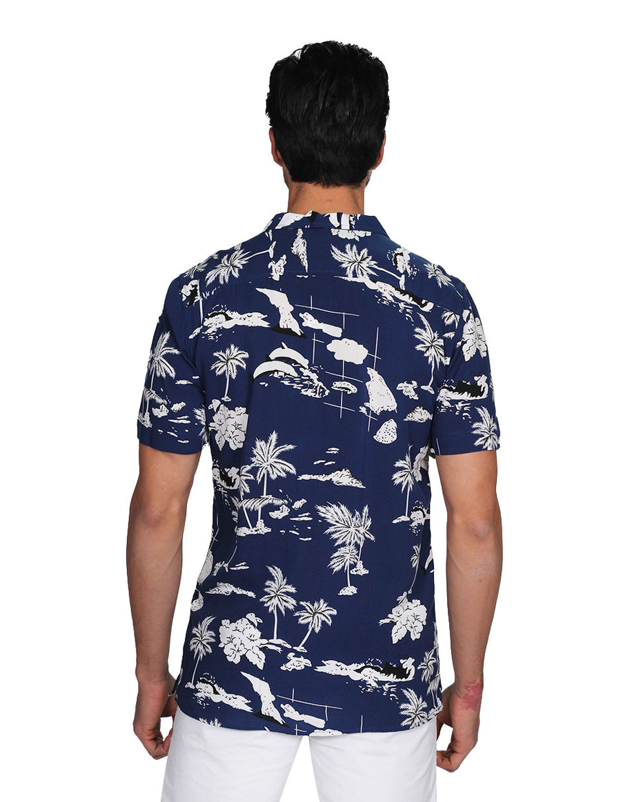 Camisas Para Hombre Bobois Moda Casuales Manga Corta Estampada Hawaiana Playa Relaxed Fit Marino B21388
