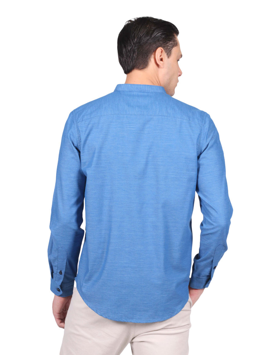 Camisas Para Hombre Bobois Casuales Moda Manga Larga Cuello Mao Lisa Relaxed Fit Azul B25323