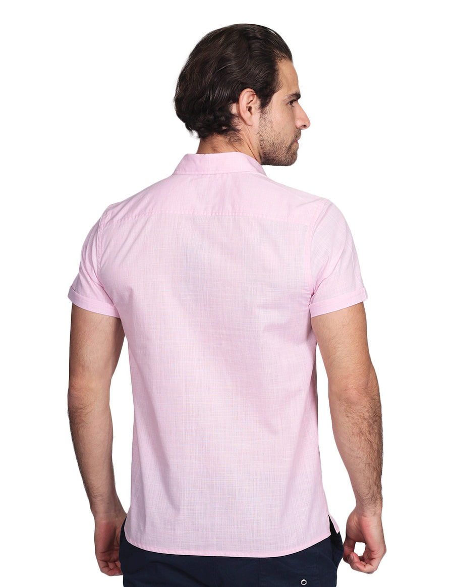 Camisas Para Hombre Bobois Moda Casuales Manga Corta Lino Relaxed Fit Rosa B21374