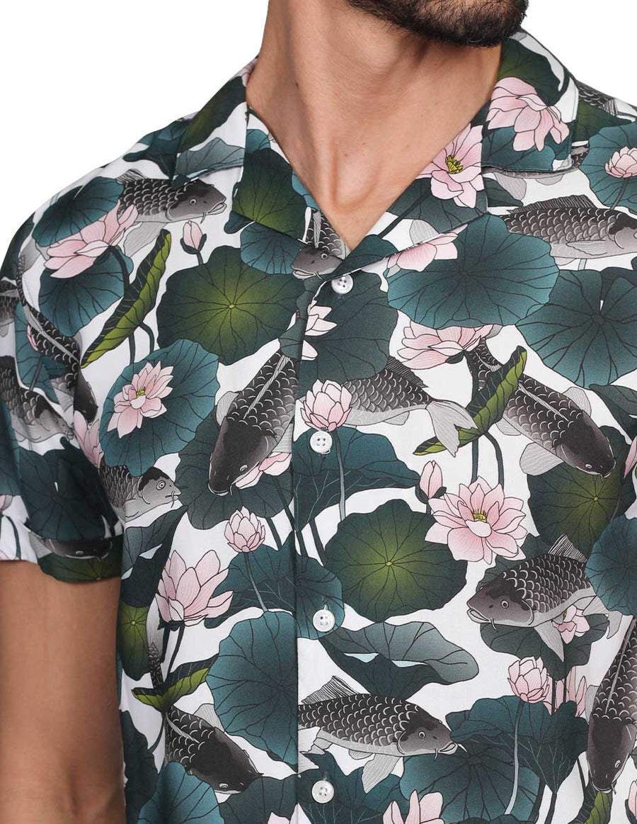 Camisas Para Hombre Bobois Moda Casuales Manga Corta Estampada Hawaiana Playa Relaxed Fit Blanco B22366