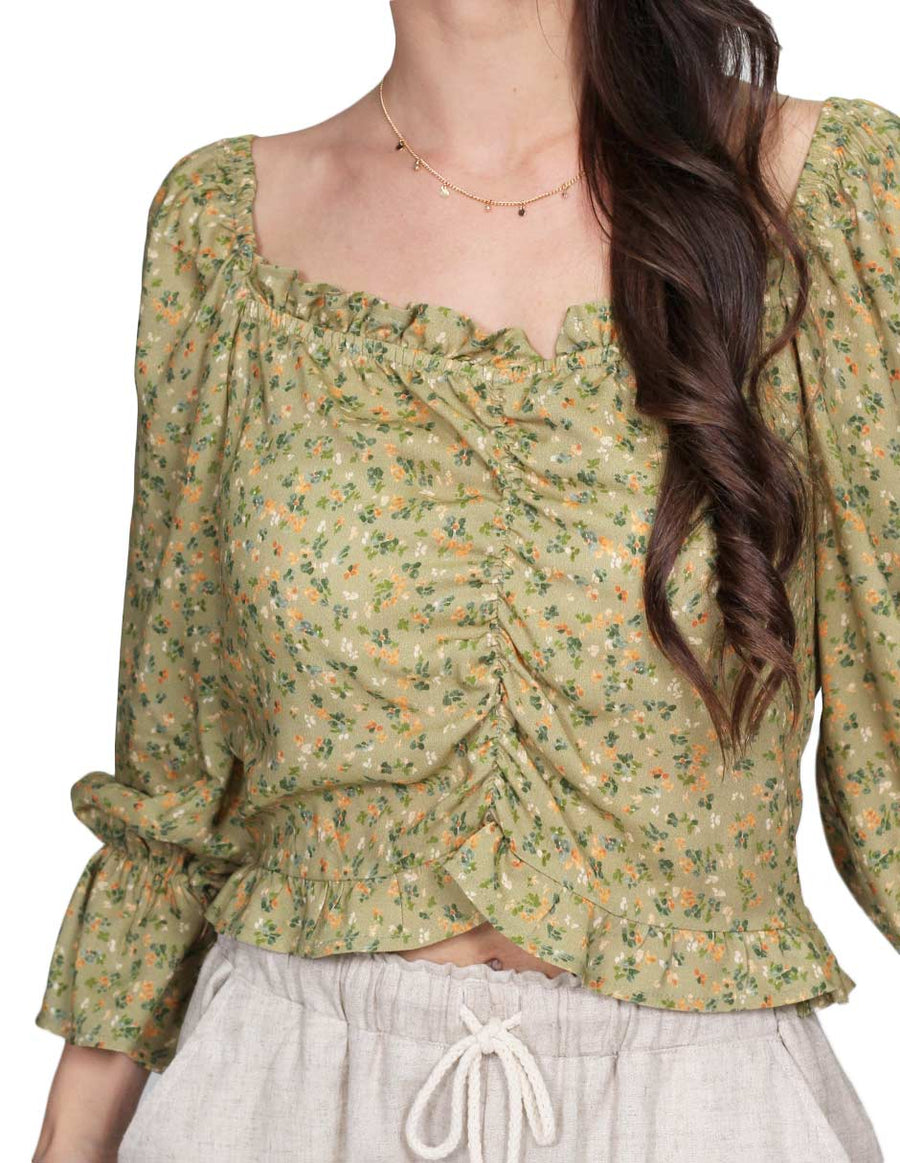 Blusas Para Mujer Bobois Moda Casuales Estampado Floral Manga Amplia Larga Verde N21125