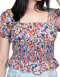 Blusas Para Mujer Bobois Moda Casuales Manga Corta Estampado De Flores Escote cuadrado Marino N21132