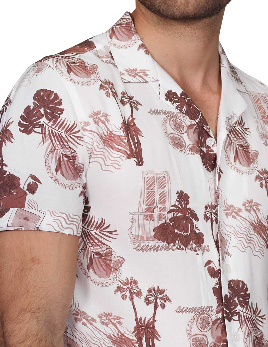 Camisas Para Hombre Bobois Moda Casuales Manga Corta Estampada Hawaiana Playa Relaxed Fit Café B22361