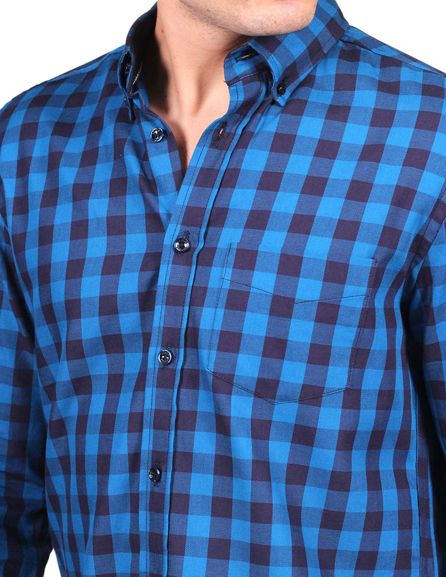 Camisas Hombre Casuales Moda Regular Fit Manga Larga Cuadros Azul B25220