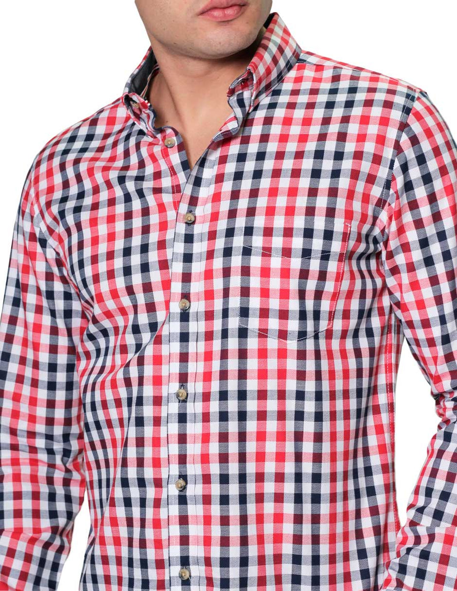 Camisas Para Hombre Bobois Casuales Moda Manga Larga Cuadros Slim Fit B31102 Rojo