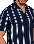 Camisas Para Hombre Bobois Moda Casuales Manga Corta Rayas Relaxed Fit Marino B21369