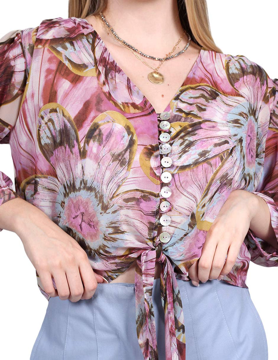 Blusas Para Mujer Bobois Moda Casuales Chiffon Estampado Con Nudo Al Frente Rosa N23108