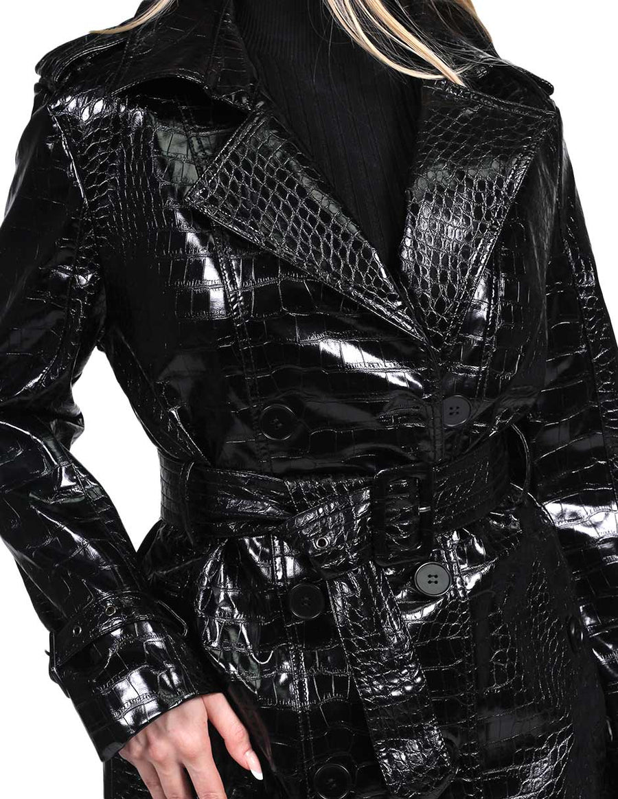 Gabardinas Para Mujer Bobois Moda Casuales Abrigo Largo De Piel Sintética Cocodrilo Con Cinto Negro T23201