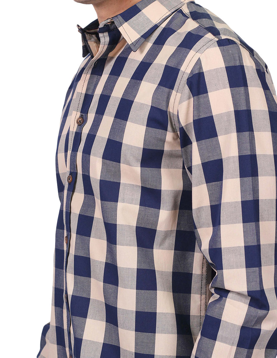 Camisas Para Hombre Bobois Moda Casuales Manga Larga Estampado Cuadros Slim Fit Beige B25115