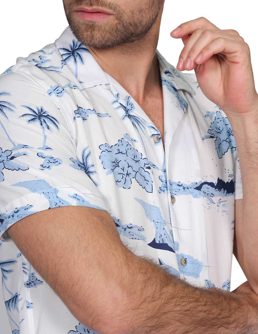 Camisas Para Hombre Bobois Moda Casuales Manga Corta Estampada Hawaiana Playa Relaxed Fit Blanco B21388