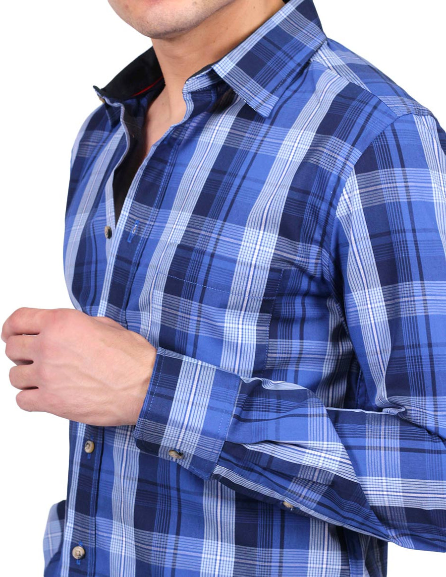 Camisas Para Hombre Bobois Casuales Moda Manga Larga Cuadros Slim Fit Azul B25104