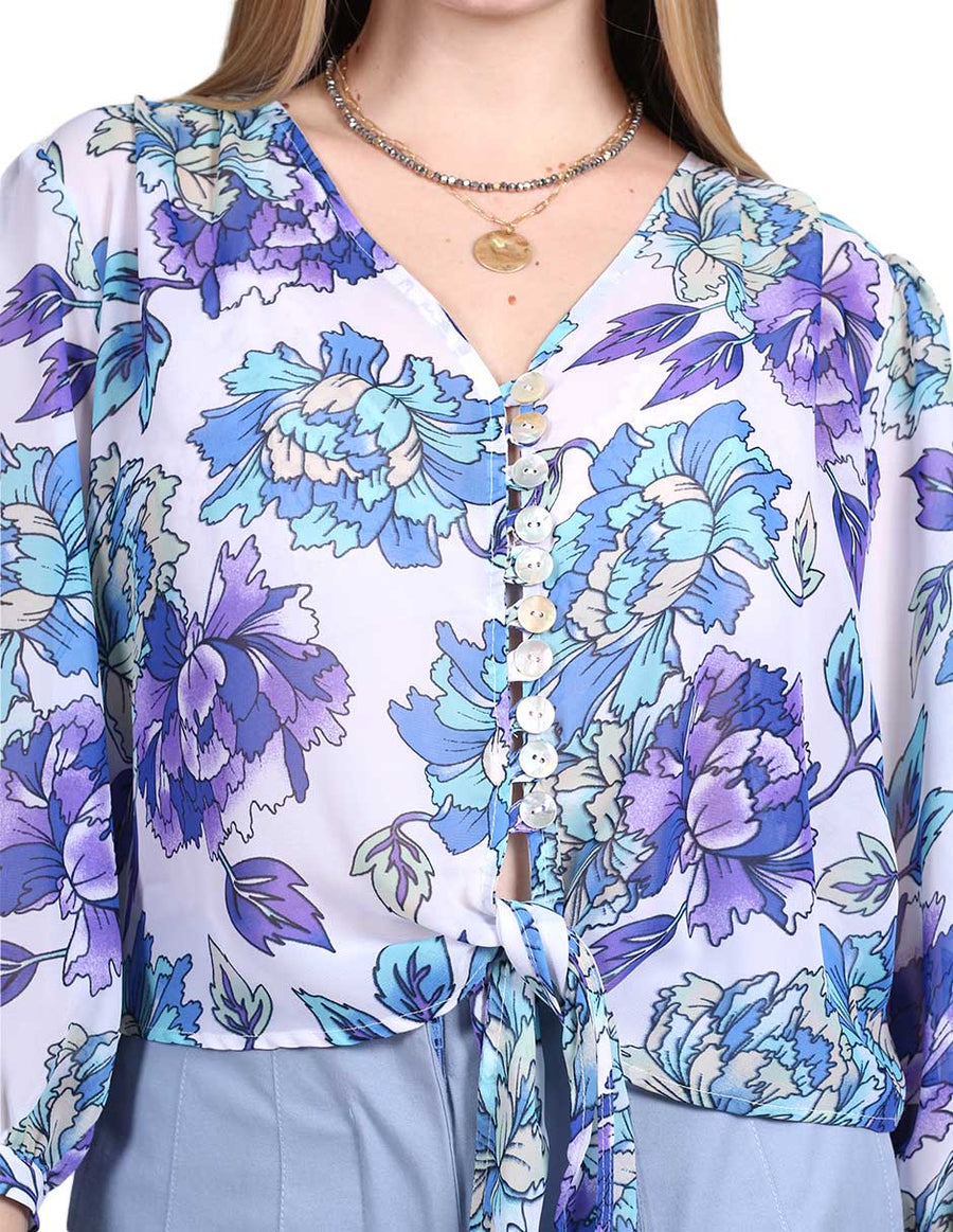 Blusas Para Mujer Bobois Moda Casuales Chiffon Estampado Floral Con Nudo Al Frente Azul N23109
