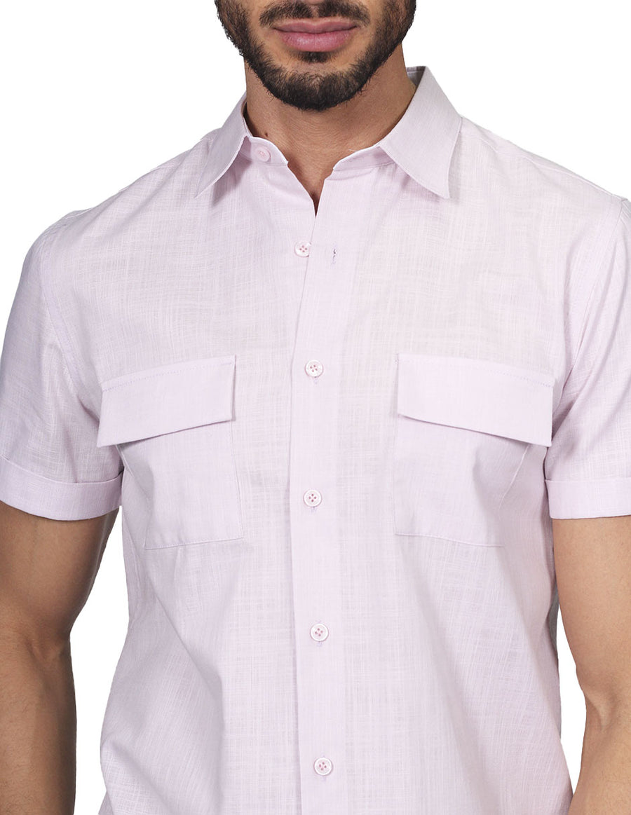 Camisas Para Hombre Bobois Moda Casuales Manga Corta Con Bolsas Tipo Lino Regular Fit Malva B21352