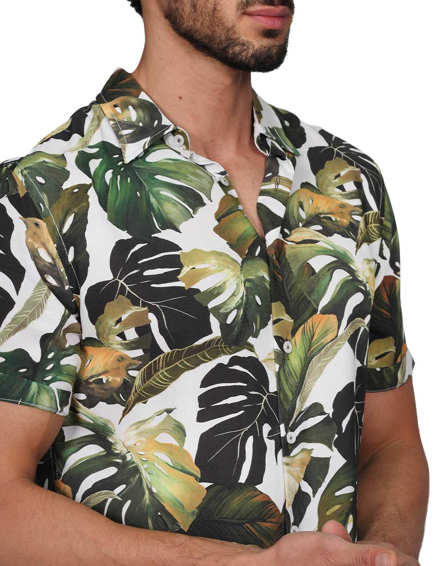 Camisas Para Hombre Bobois Moda Casuales Manga Corta Estampada Hawaiana Playa Relaxed Fit Verde B22355