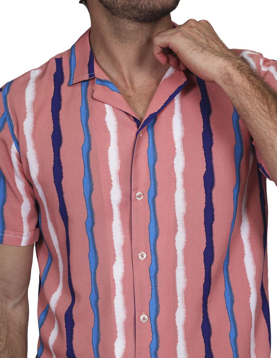 Camisas Para Hombre Bobois Moda Casuales Manga Corta Estampada Rayas Relaxed Fit Coral B21392