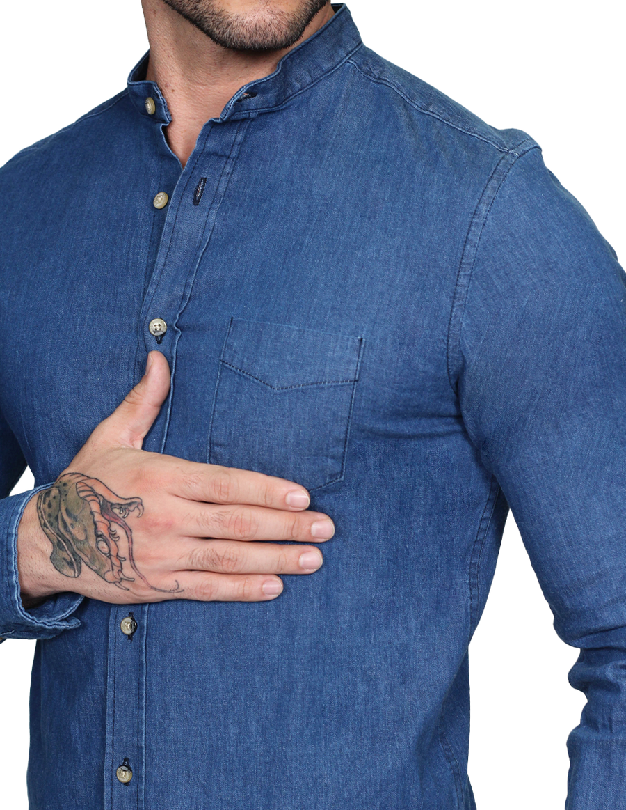 Camisas Para Hombre Manga Larga Cuello Mao Mezclilla Double Stone B151 BOBOIS