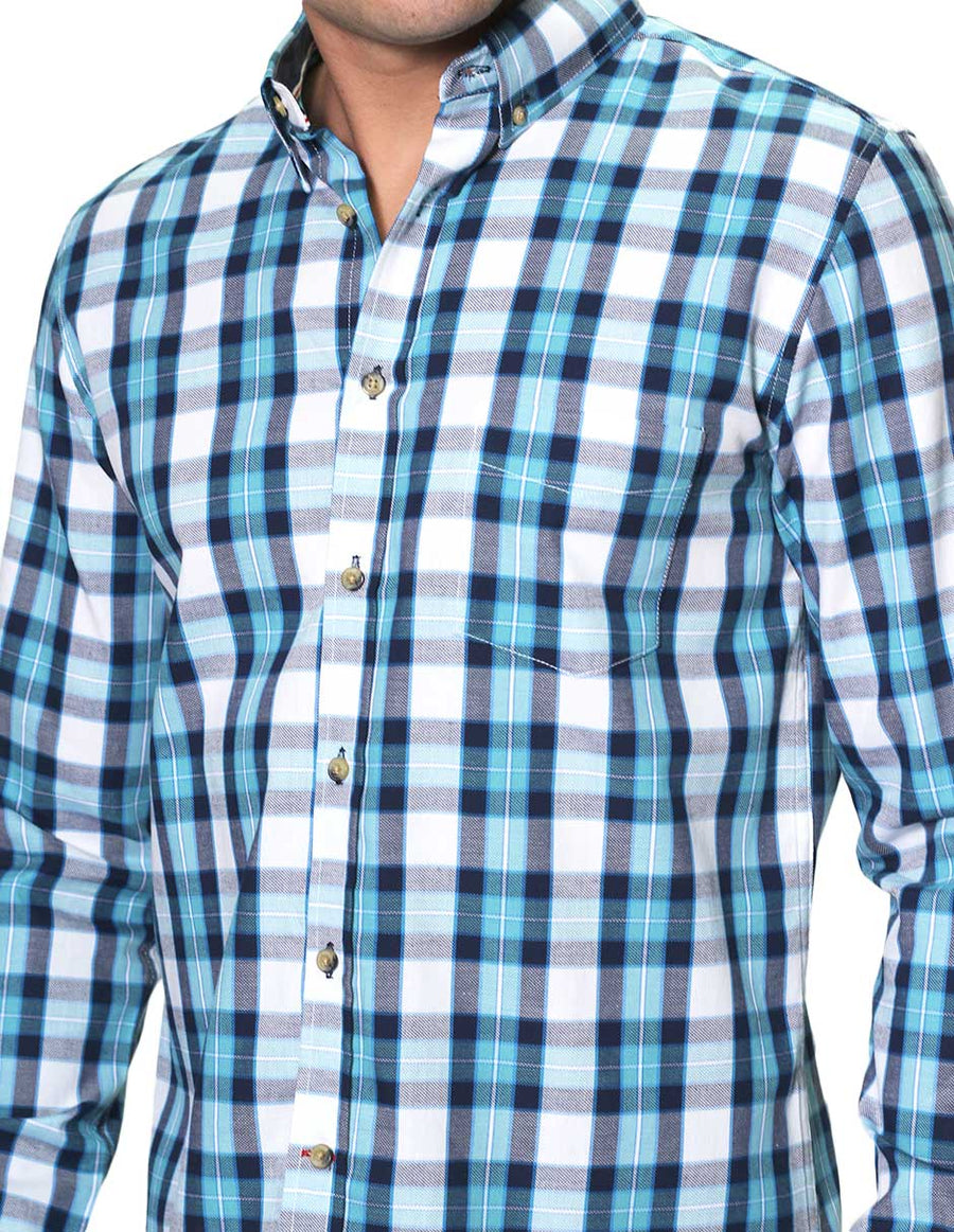 Camisas Para Hombre Bobois Casuales Moda Manga Larga Cuadros Slim Fit B31107 Azul