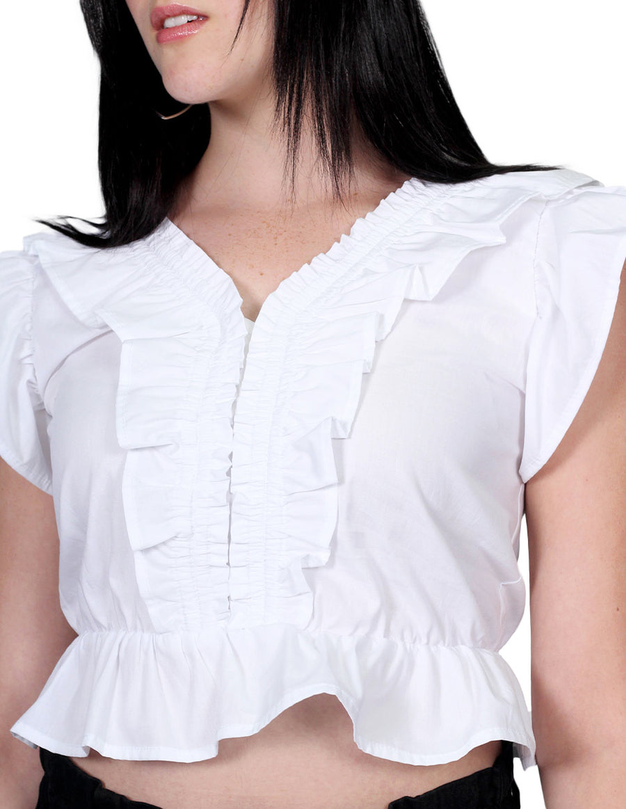 Blusas Para Mujer Bobois Moda Casuales Con Olanes Manga Corta Cuello V Blanco N21111