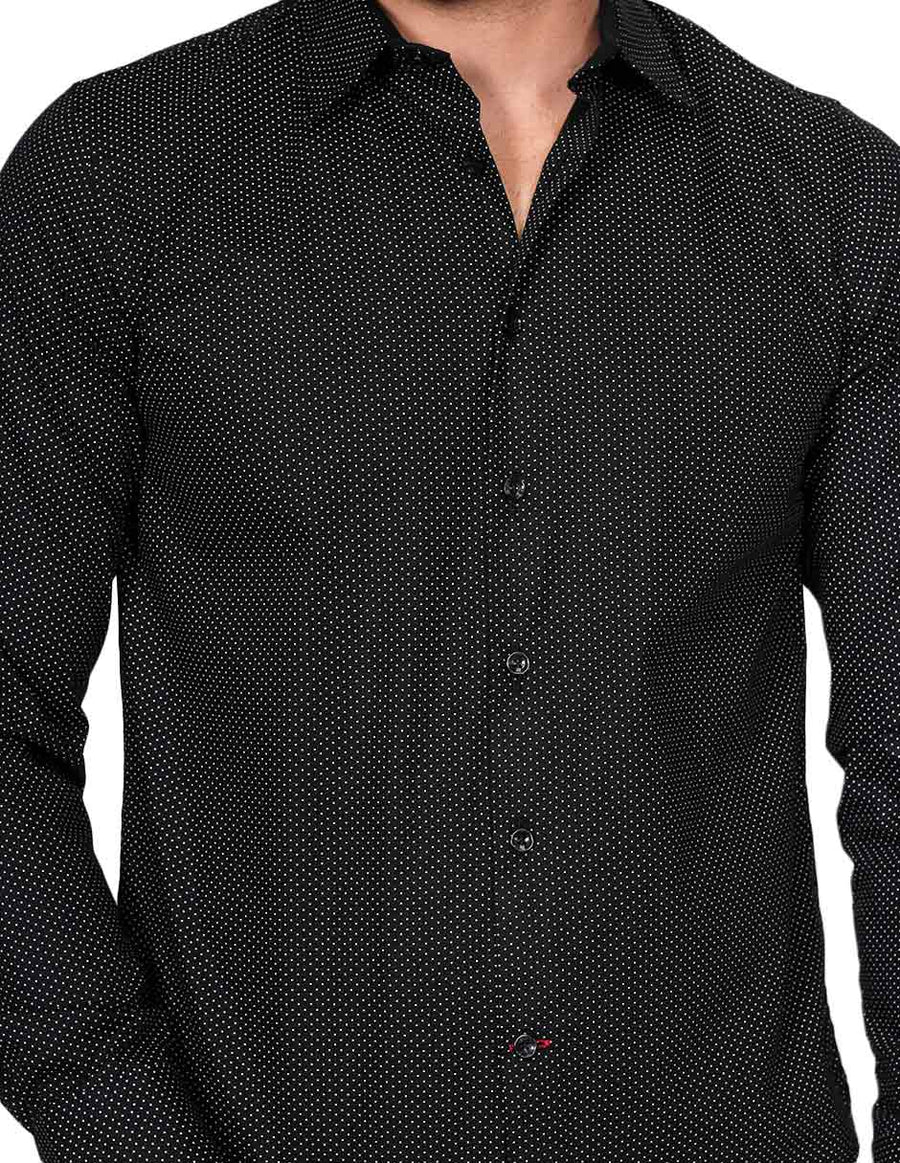 Camisas Para Hombre Bobois Moda Casuales Manga Larga Estampado Puntos Regular Fit Negro B21313