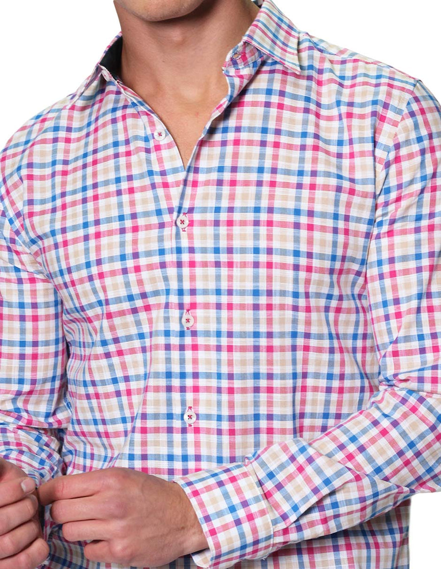 Camisas Para Hombre Bobois Casuales Moda Manga Larga Cuadros Tipo Lino Slim Fit B31304 Rosa