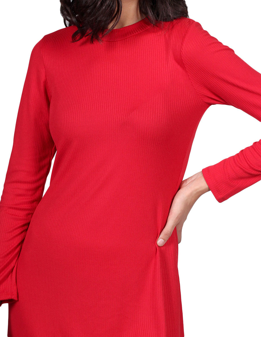 Vestidos Para Mujer Bobois Moda Casuales Corto Midi Manga Larga Cuello Alto Corte A Rojo S23104