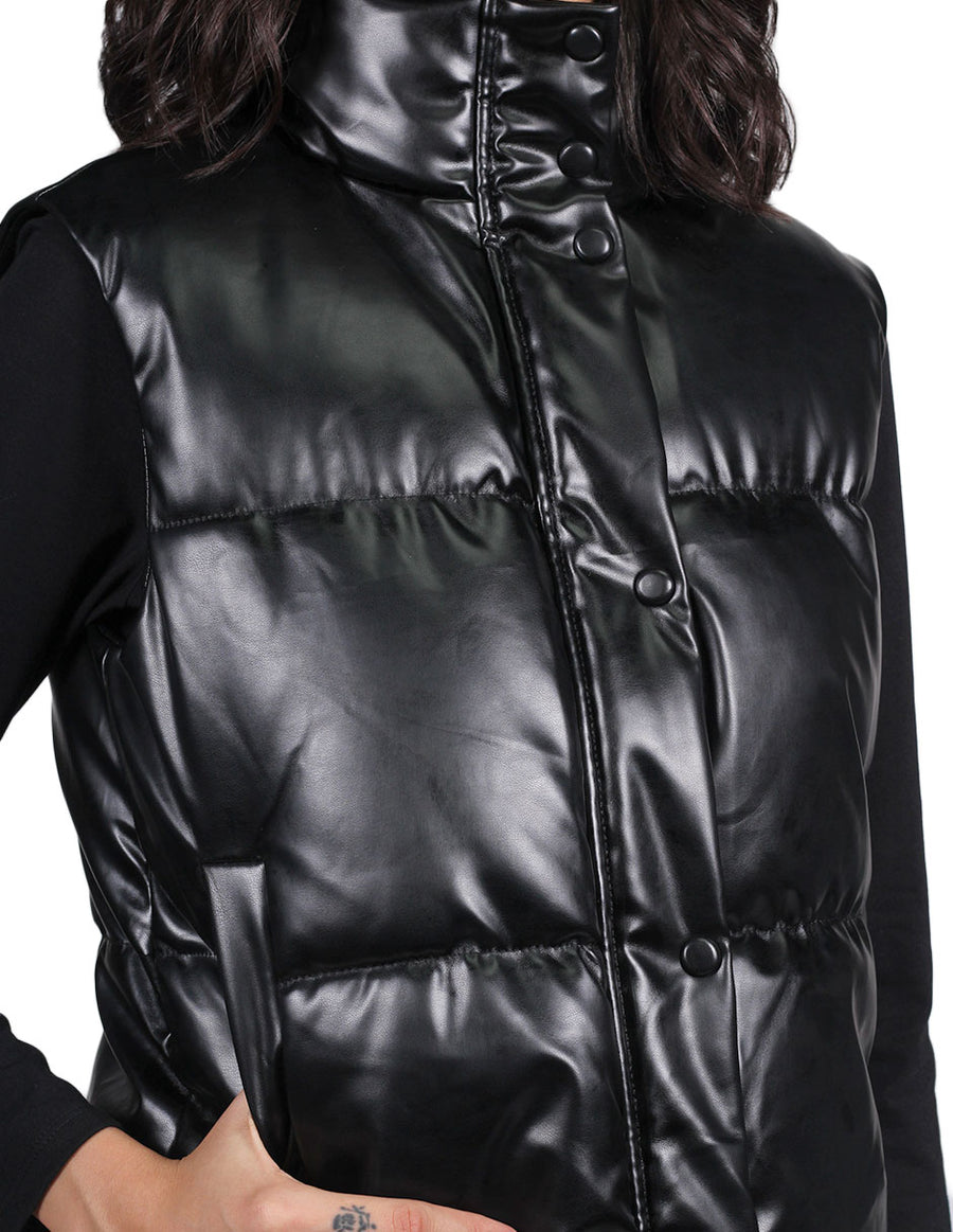 Chalecos Para Mujer Bobois Moda Casuales De Piel Sintetica Abollonado Inverno Dama Acolchado Cuello Alto Negro R23200