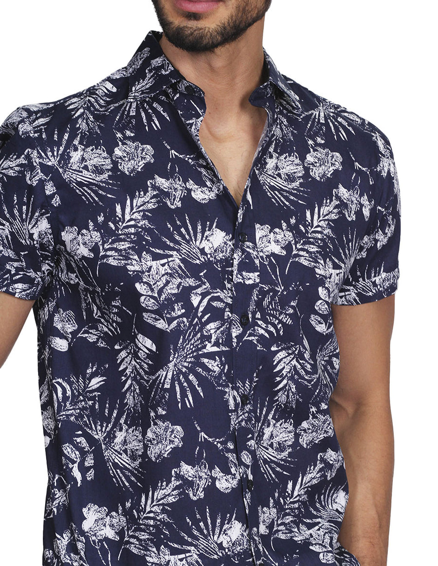 Camisas Para Hombre Bobois Moda Casuales Manga Corta Estampado Hawaianas  Regular Fit Marino B21357
