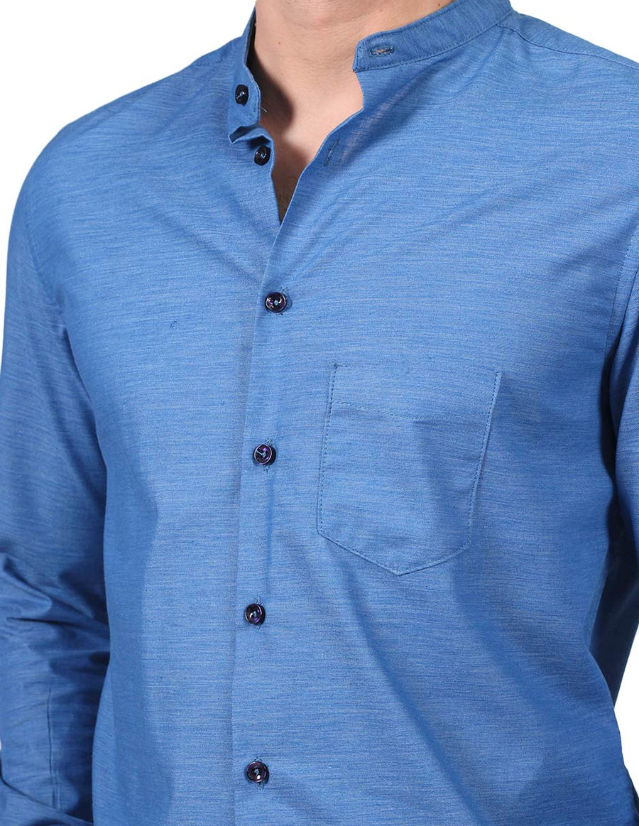 Camisas Para Hombre Bobois Casuales Moda Manga Larga Cuello Mao Lisa Relaxed Fit Azul B25323
